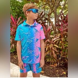 Chubbies Dino Delight Short Sleeve Performance Polo Kids Blue and Pink Medium